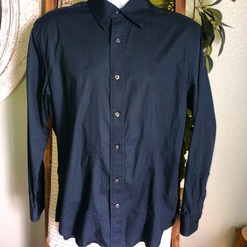 Gap Men’s Button Down Shirt, Indigo Cotton w/ Monochromatic Paisley, Large